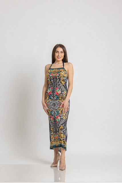 Щампирана миди рокля с една презрамка