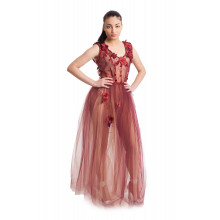 Двупластова тюлена дълга рокля в цвят бордо