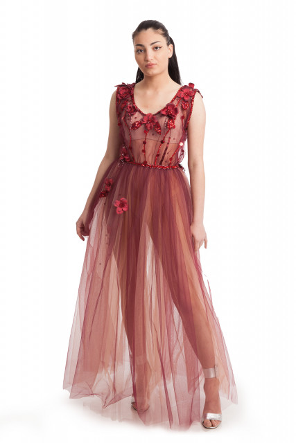 Двупластова тюлена дълга рокля в цвят бордо