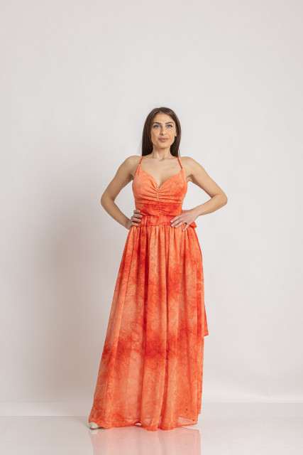 Дълга рокля от жоржет коралов цвят